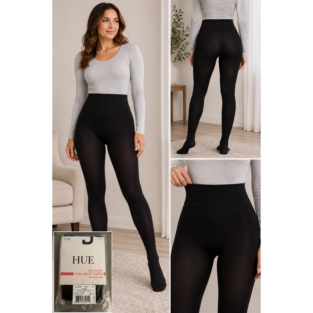 HUE Yoga Waist Tights Black Rib Control Top Wide Comfort Waistband U23309 Size 4